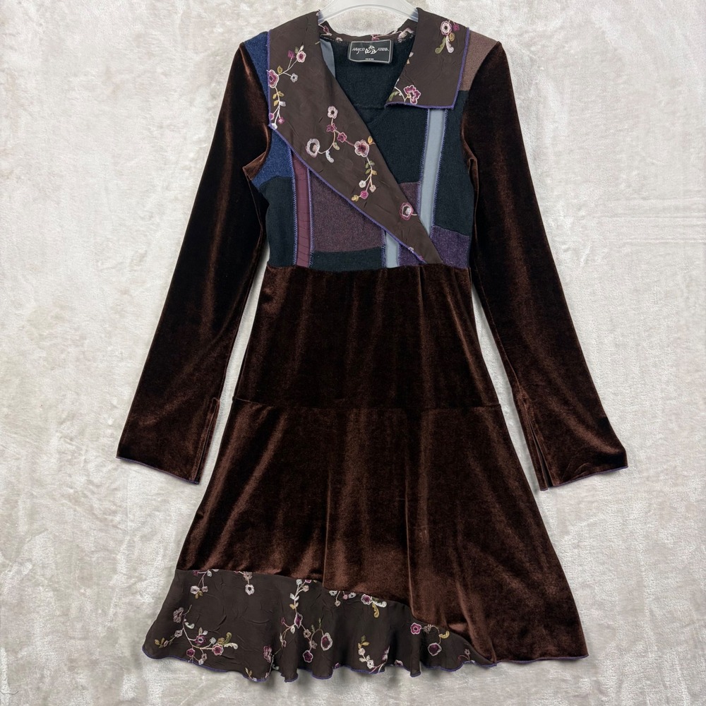 VTG Myco Anna Brown Velvet Patchwork Floral Embroidery Dress Wool Blend XS Boho
